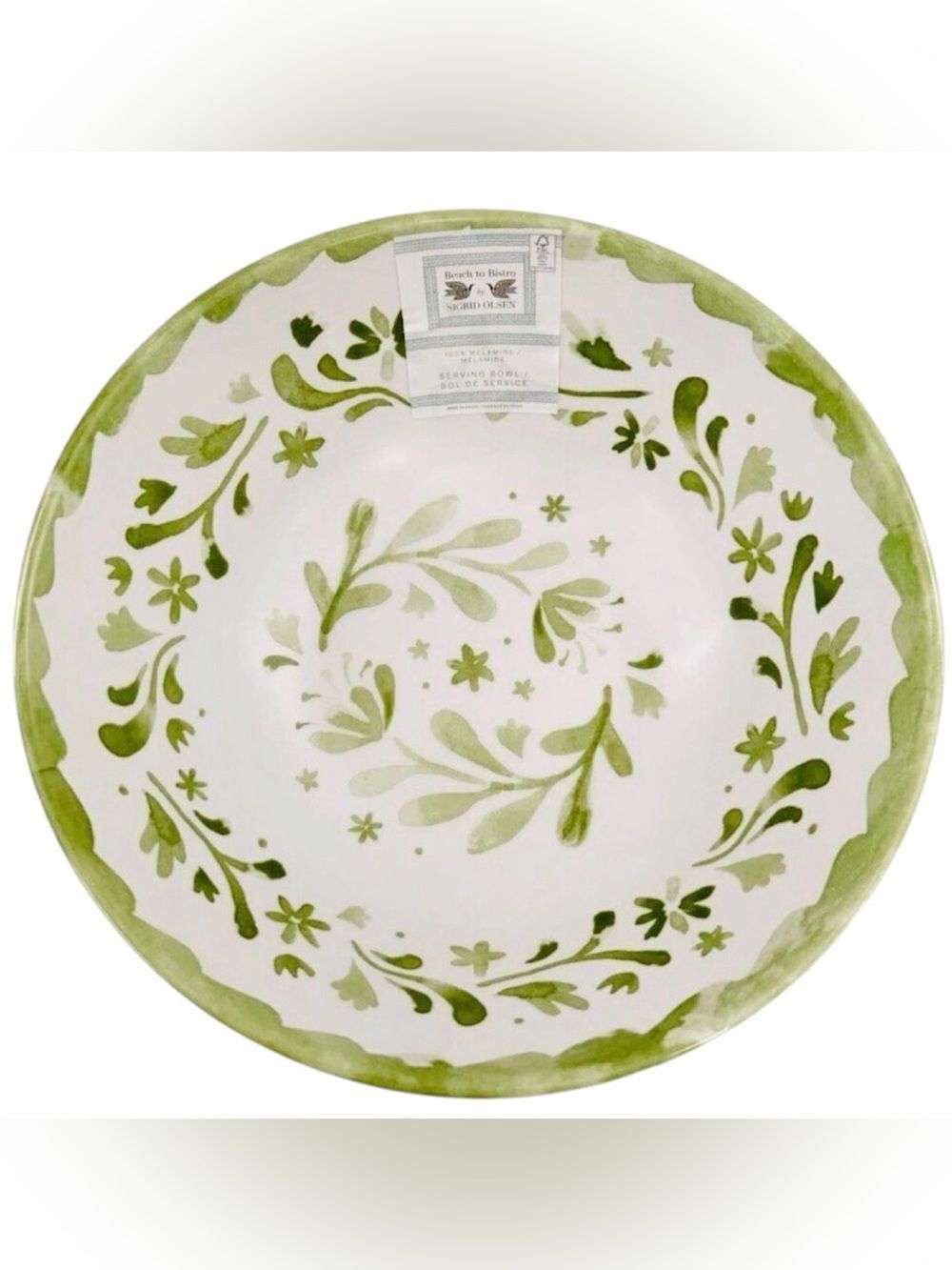 NWT BEACH TO BISTRO BY SIGRID OLSEN coupe 14” Green White Melamine Serving Bowl